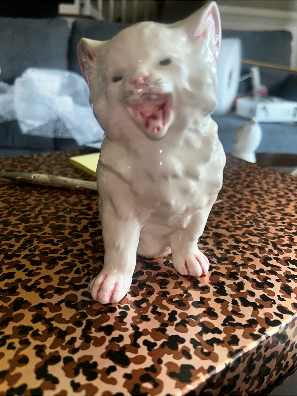 Vintage white porcelain Royal Dux hissing cat figurine